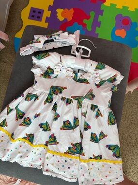 Eric Javits White Dress with Multicolor Butterfly Print and Yellow Trim - Girls